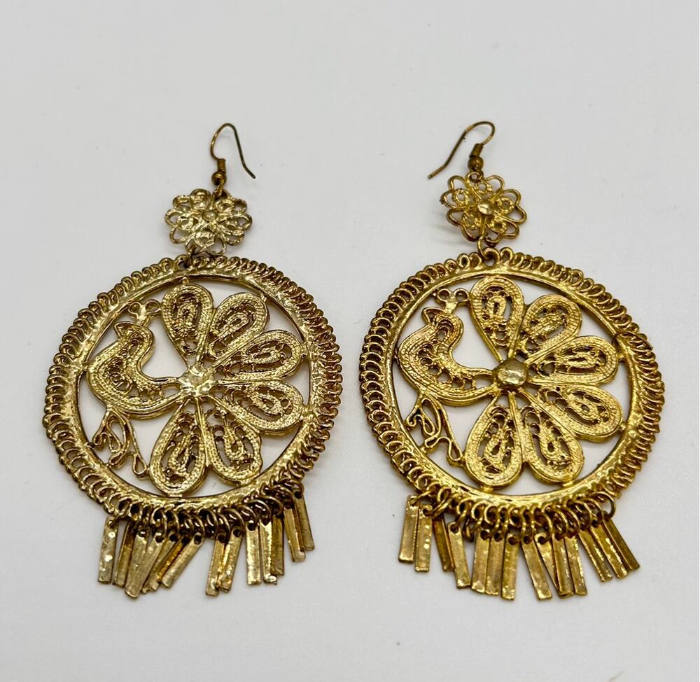 Folklorico Aretes Filigrana Mexican Filigree Earrings Large Gold Tone Peacock